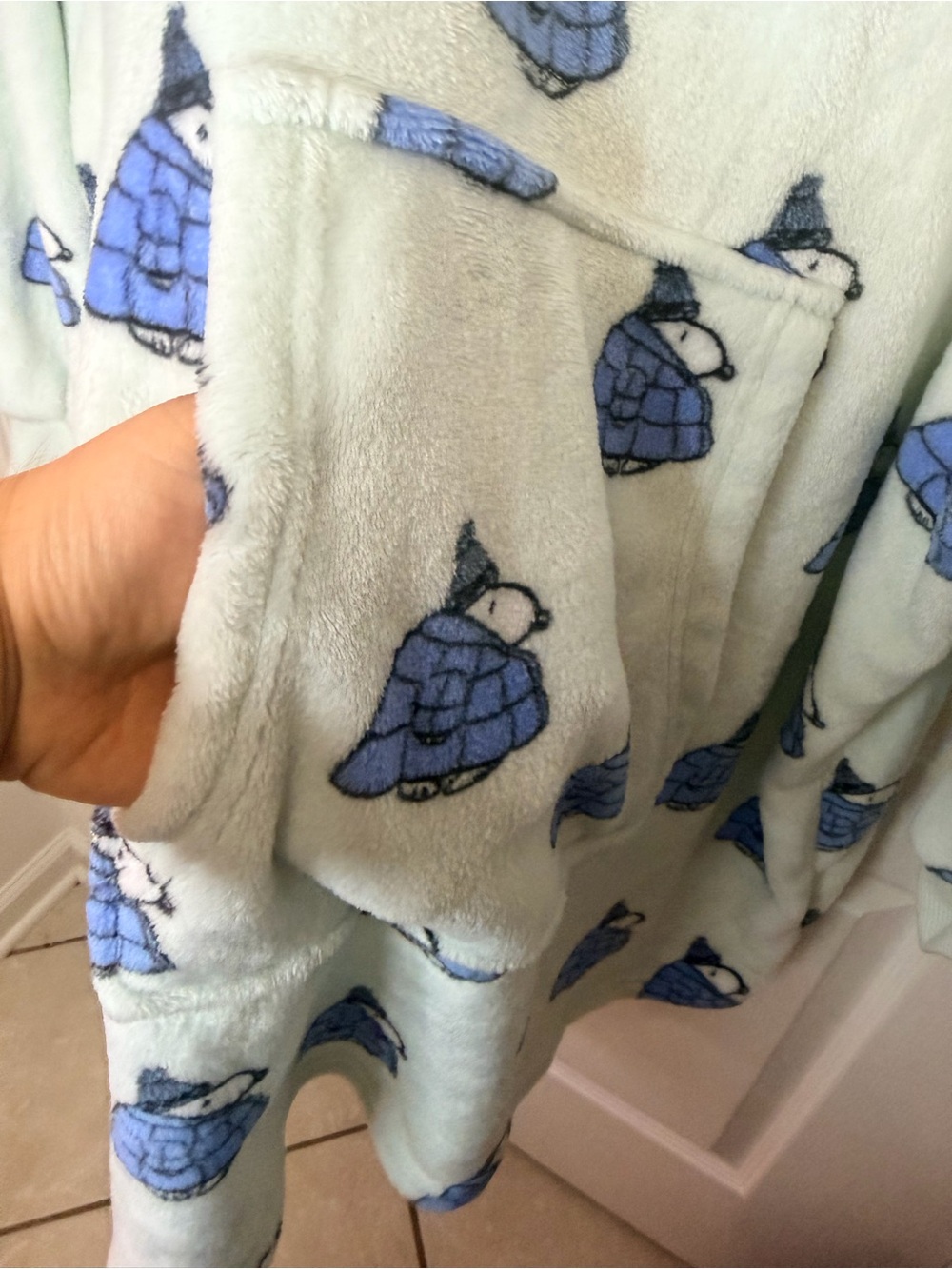 Peanuts Hooded Fleece Nightshirt - Light Aqua with Blue Penguin Print - Picture 3 of 4